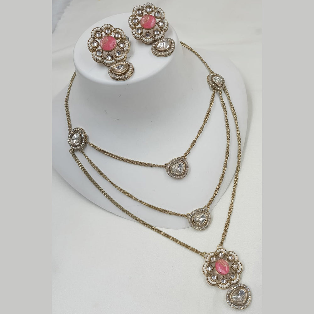 NAFJ Gold Plated Polki Kundan Stone Multi Layer Long Necklace Set