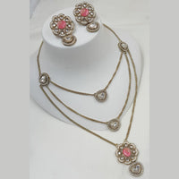 NAFJ Gold Plated Polki Kundan Stone Multi Layer Long Necklace Set