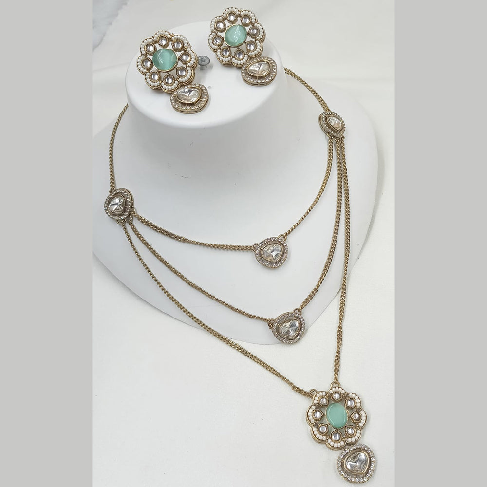 NAFJ Gold Plated Polki Kundan Stone Multi Layer Long Necklace Set