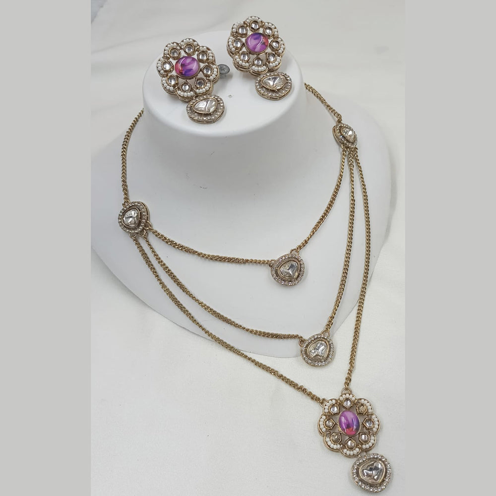 NAFJ Gold Plated Polki Kundan Stone Multi Layer Long Necklace Set