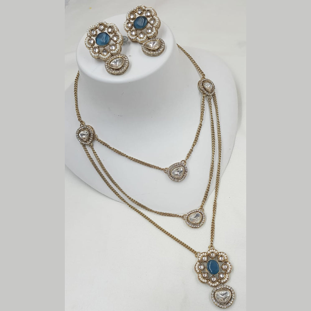 NAFJ Gold Plated Polki Kundan Stone Multi Layer Long Necklace Set