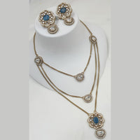 NAFJ Gold Plated Polki Kundan Stone Multi Layer Long Necklace Set 