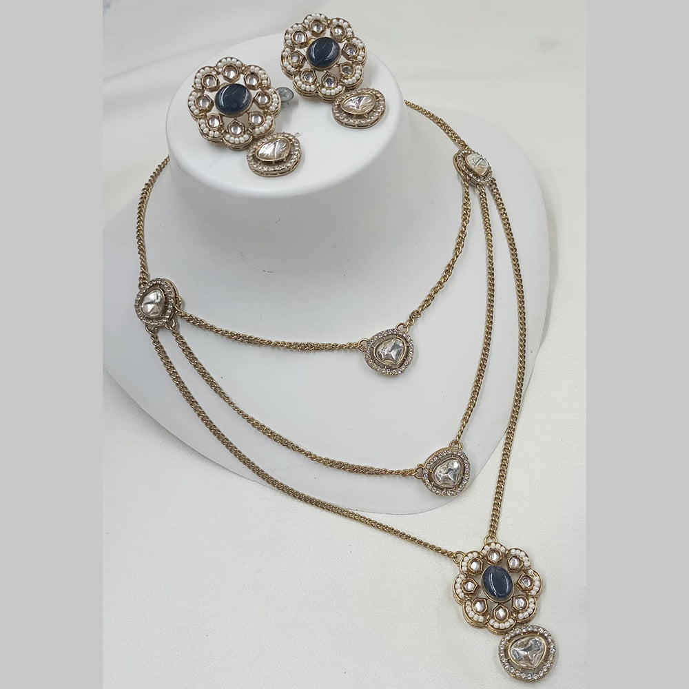 NAFJ Gold Plated Polki Kundan Stone Multi Layer Long Necklace Set