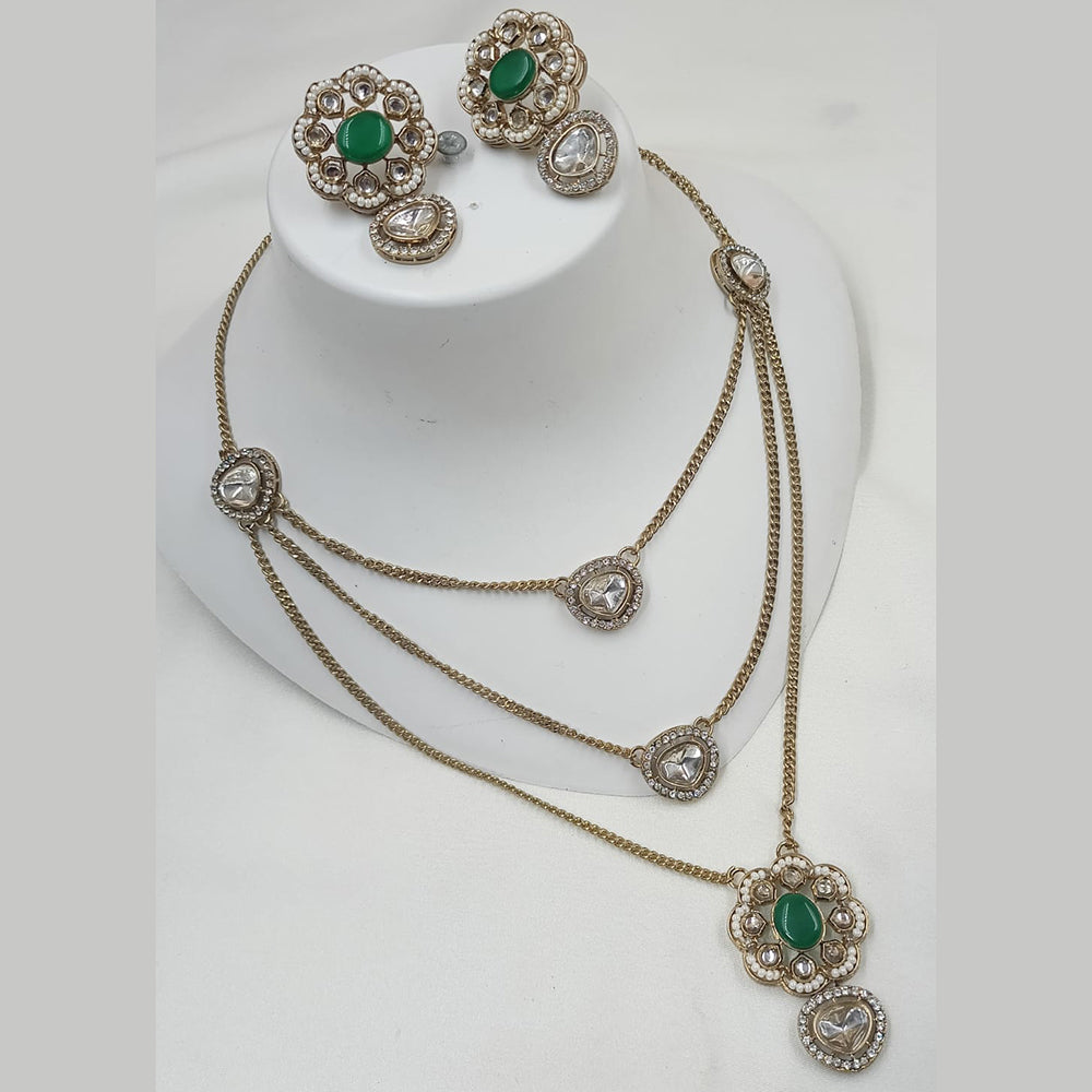 NAFJ Gold Plated Polki Kundan Stone Multi Layer Long Necklace Set
