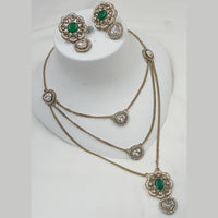 NAFJ Gold Plated Polki Kundan Stone Multi Layer Long Necklace Set