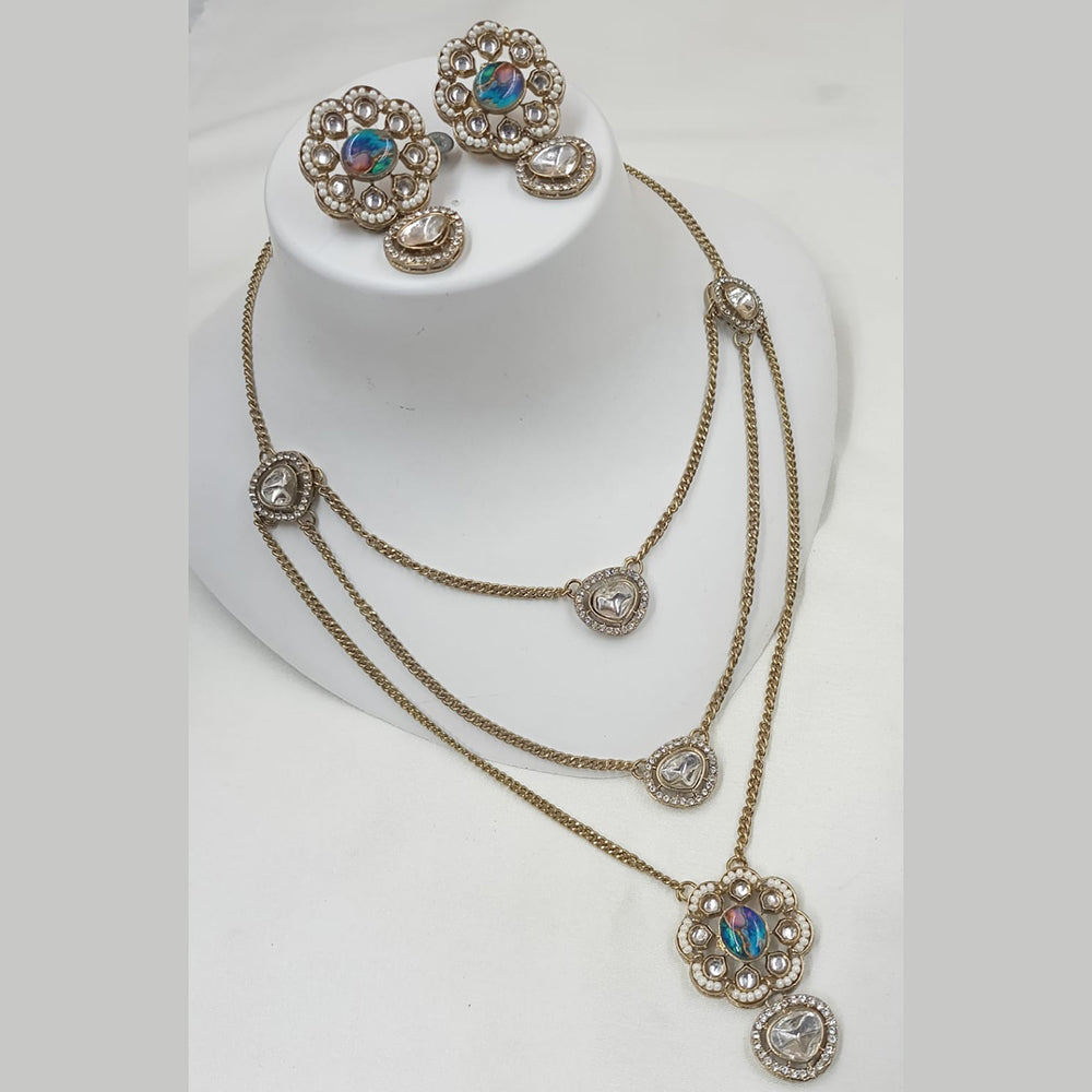 NAFJ Gold Plated Polki Kundan Stone Multi Layer Long Necklace Set