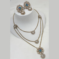 NAFJ Gold Plated Polki Kundan Stone Multi Layer Long Necklace Set
