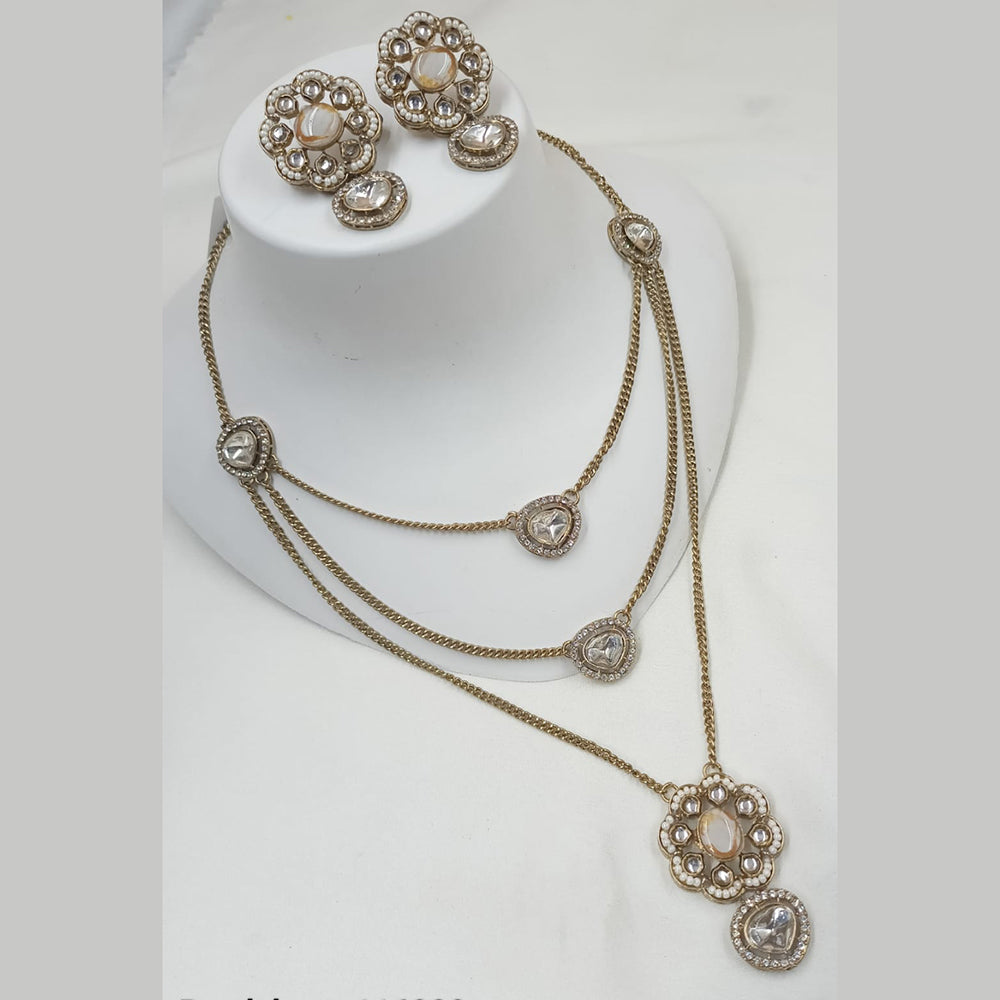NAFJ Gold Plated Polki Kundan Stone Multi Layer Long Necklace Set