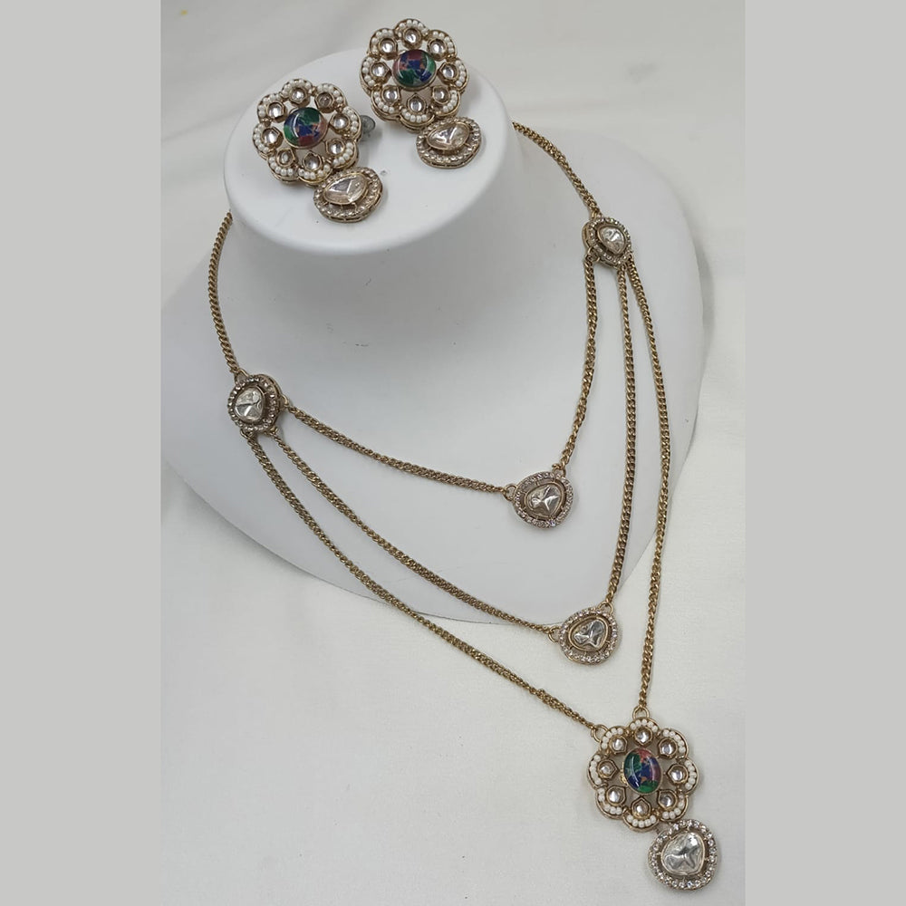 NAFJ Gold Plated Polki Kundan Stone Multi Layer Long Necklace Set