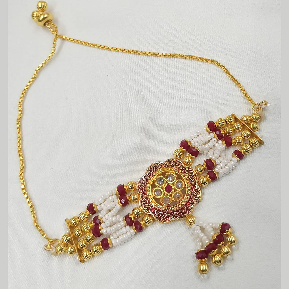 NAFJ Gold Plated Crystal Stone And Pearl Meenakari Adjustable Bracelet