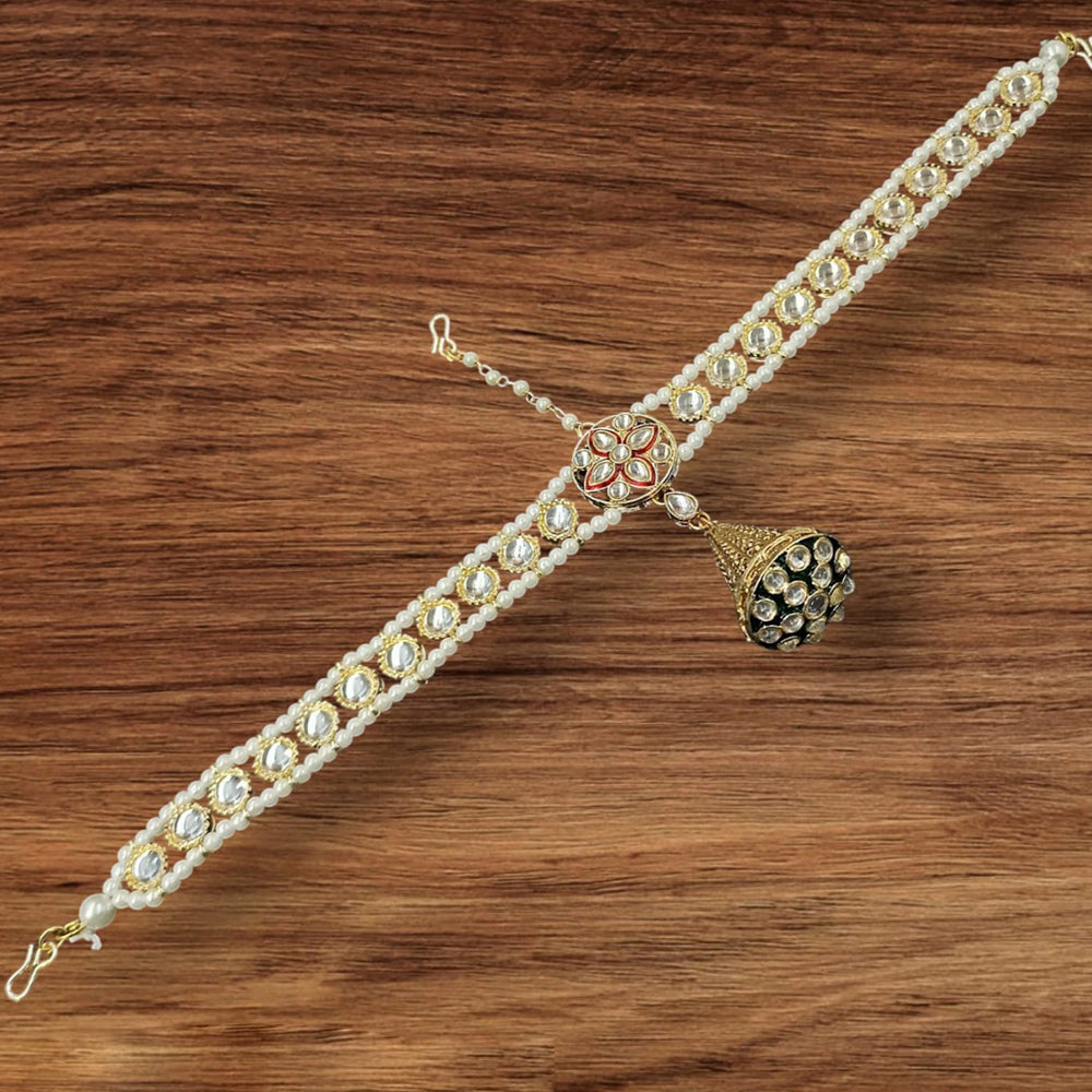 NAFJ Gold Plated Kundan Stone And PearlsMeenakari  Damini Maangtikka