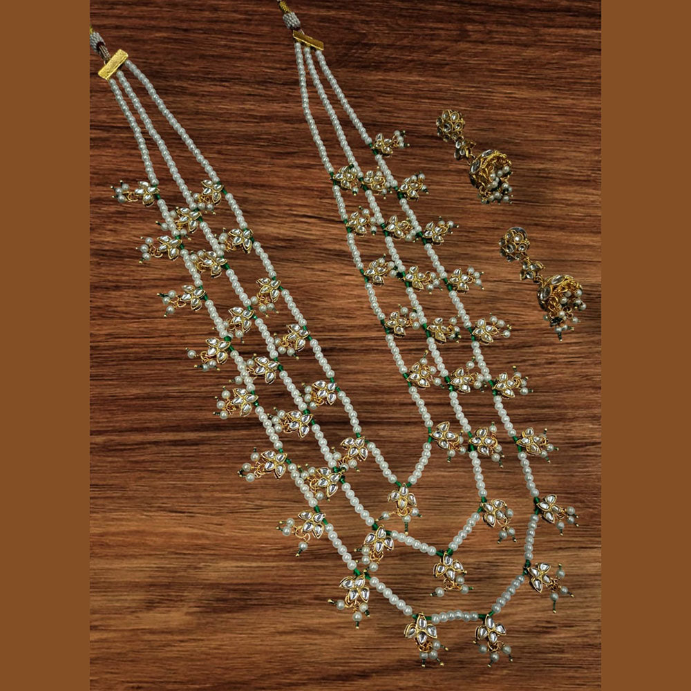 NAFJ Elegant Gold Plated Kundan Stones And Beads Long Necklace Set