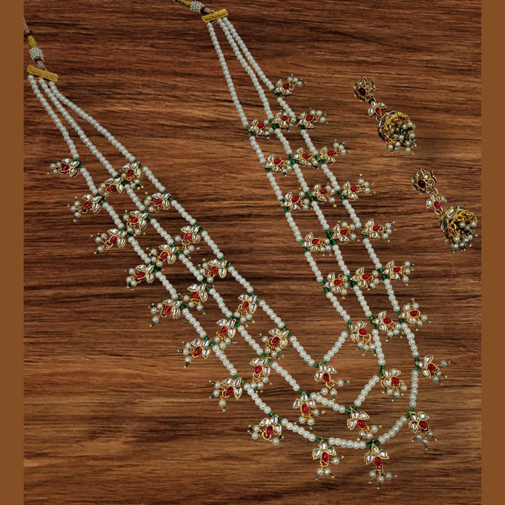 NAFJ Elegant Gold Plated Kundan Stones And Beads Long Necklace Set
