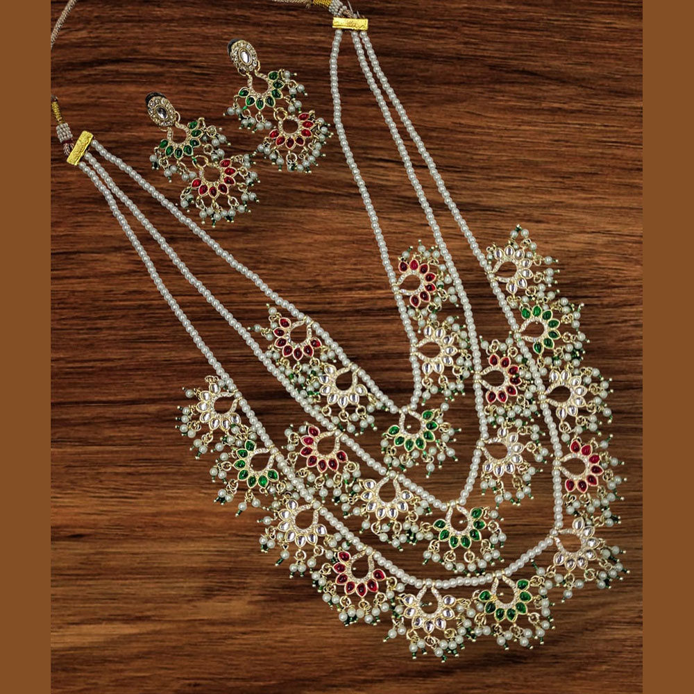 NAFJ Elegant Gold Plated Kundan Stones And Beads Long Necklace Set