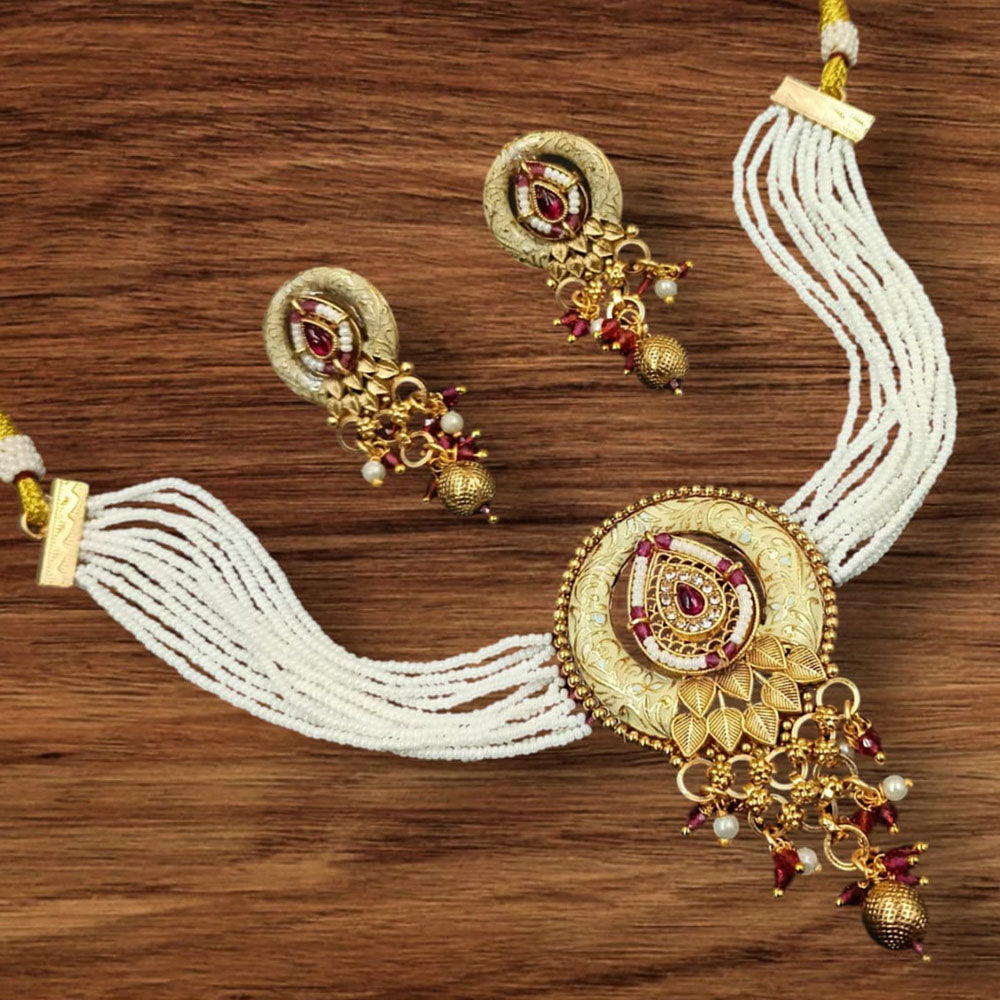 NAFJ Gold Plated Pota Stone Beads And Pearls Meenakari Choker Necklace Set
