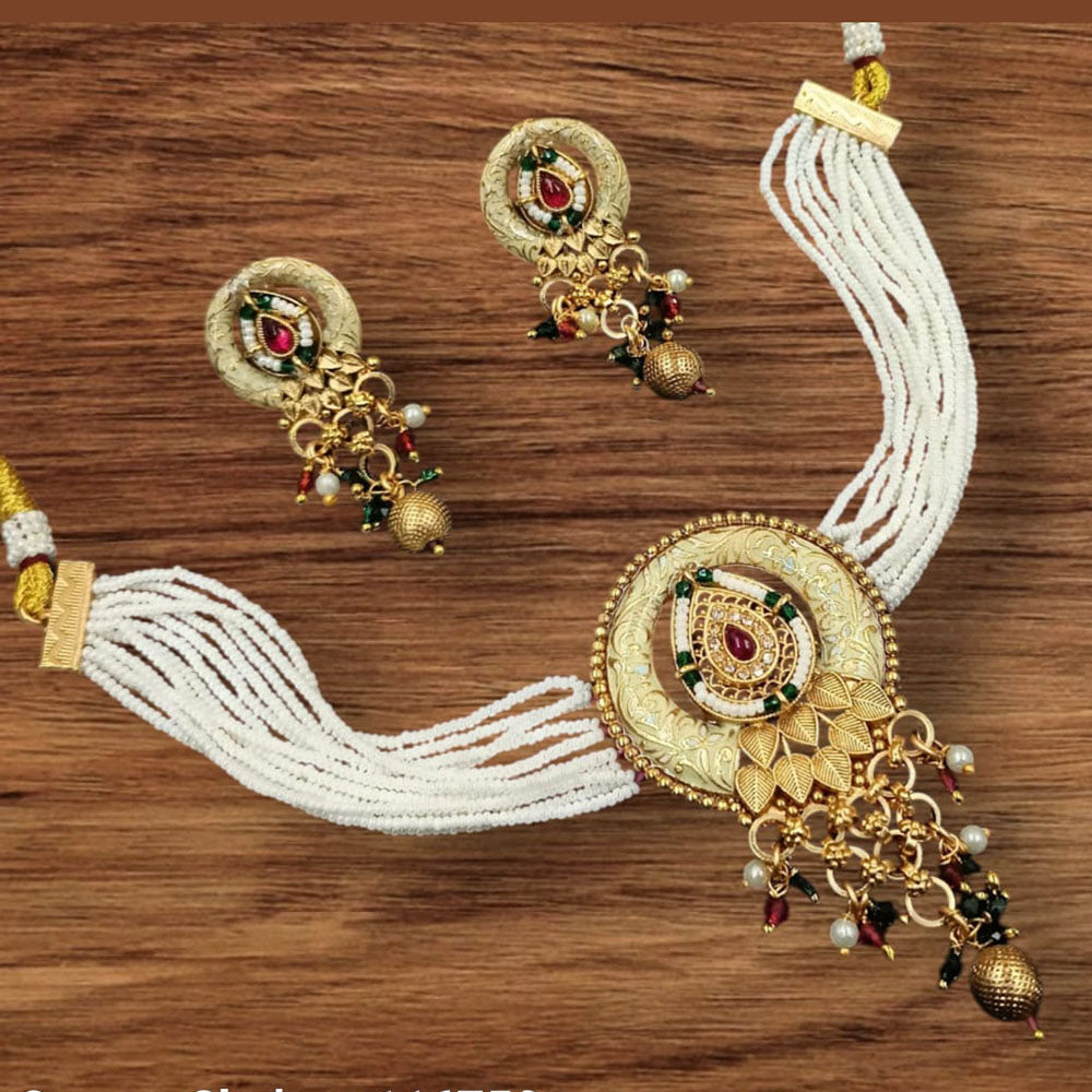 NAFJ Gold Plated Pota Stone Beads And Pearls Meenakari Choker Necklace Set
