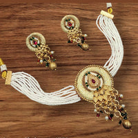 NAFJ Gold Plated Pota Stone Beads And Pearls Meenakari Choker Necklace Set