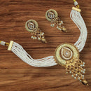 NAFJ Gold Plated Pota Stone Beads And Pearls Meenakari Choker Necklace Set