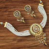 NAFJ Gold Plated Pota Stone Beads And Pearls Meenakari Choker Necklace Set