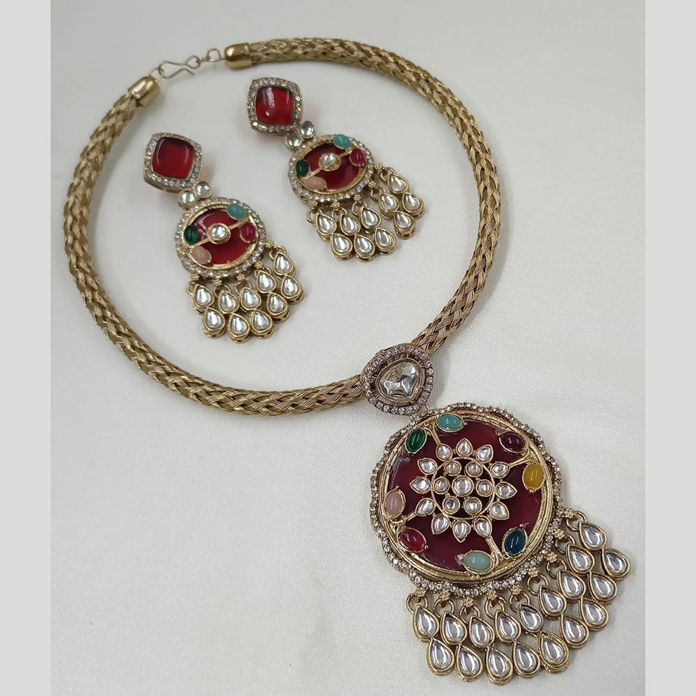 NAFJ Gold Plated Kundan Stone Necklace Set