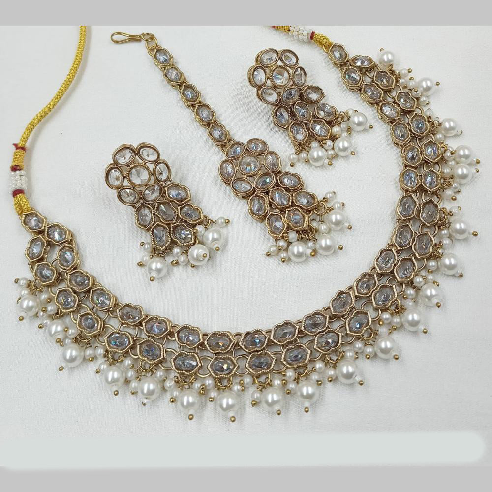 NAFJ Gold Plated Crystal Pearl And Beads Necklace Set