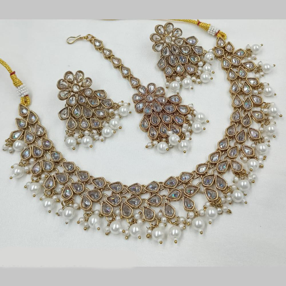 NAFJ Gold Plated Crystal Pearl And Beads Necklace Set