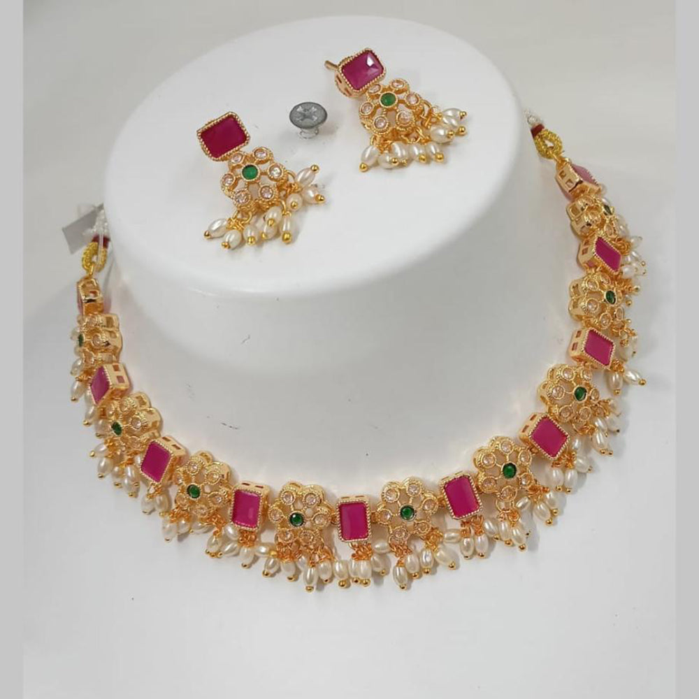 NAFJ Gold Plated Crystal And Pearl Choker Necklace Set