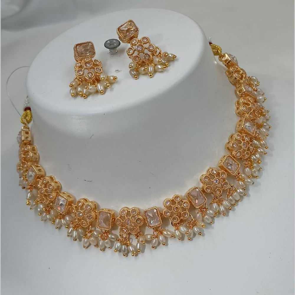 NAFJ Gold Plated Crystal And Pearl Choker Necklace Set