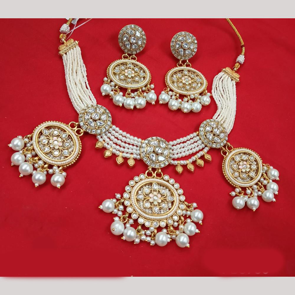 NAFJ Gold Plated Kundan And Pota Pearl Meenakari Necklace Set