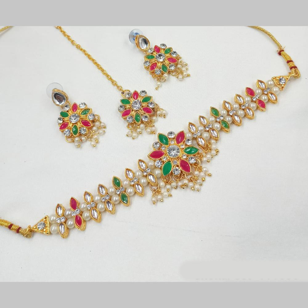 NAFJ Gold Plated Kundan And Pearl Choker Necklace Set