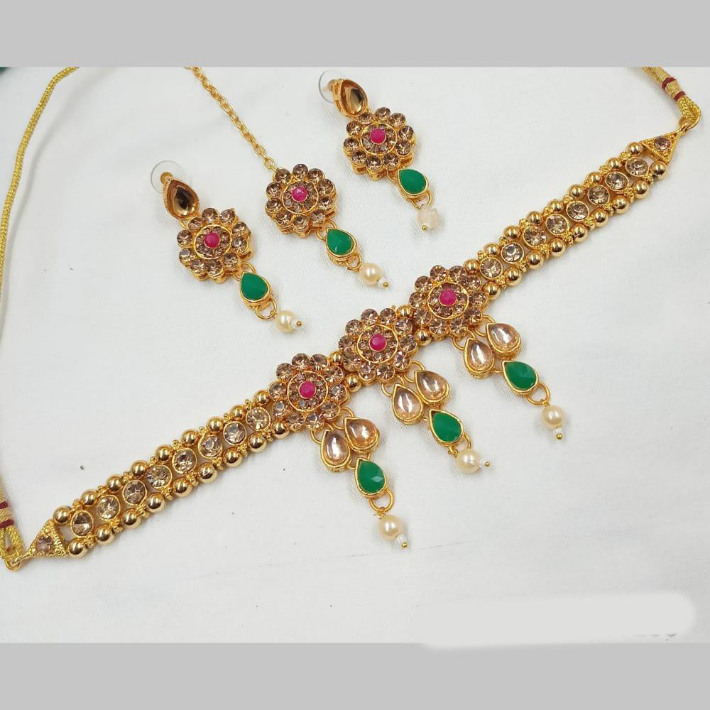 NAFJ Gold Plated Kundan And Pearl Choker Necklace Set