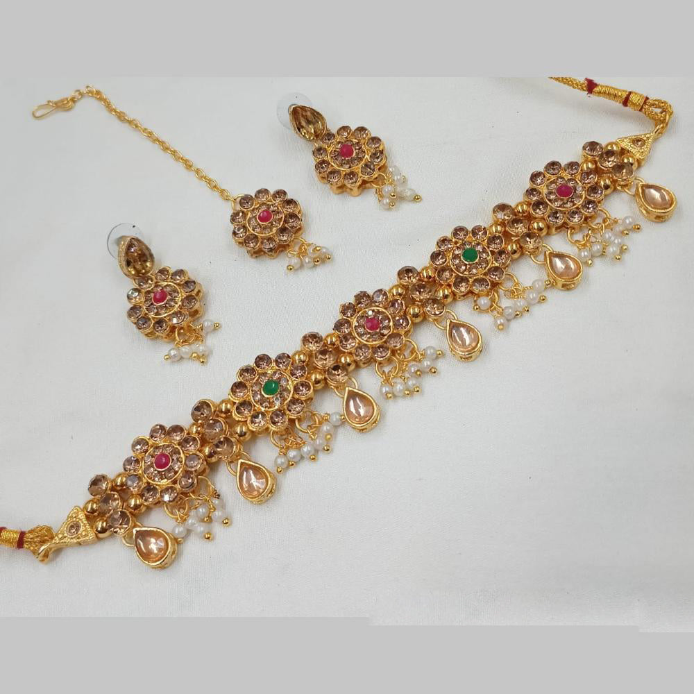 NAFJ Gold Plated Kundan And Pearl Choker Necklace Set