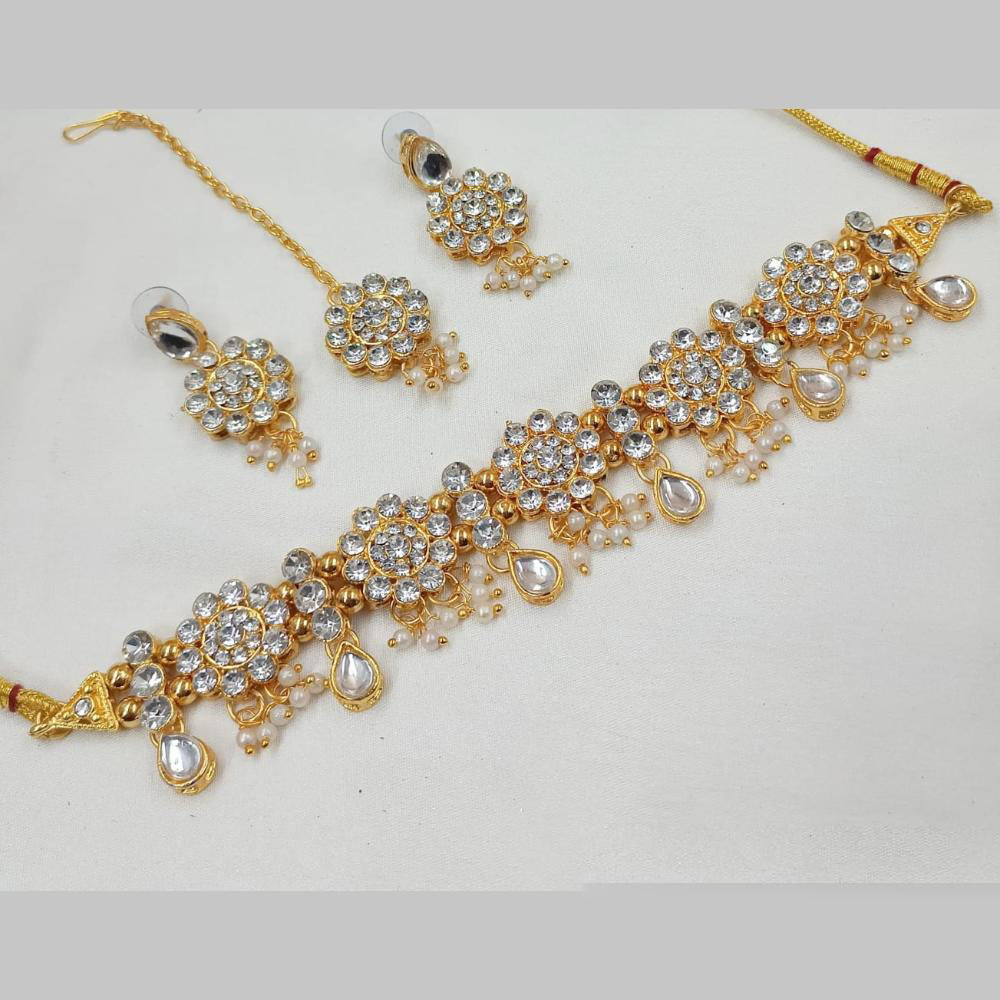 NAFJ Gold Plated Kundan And Pearl Choker Necklace Set