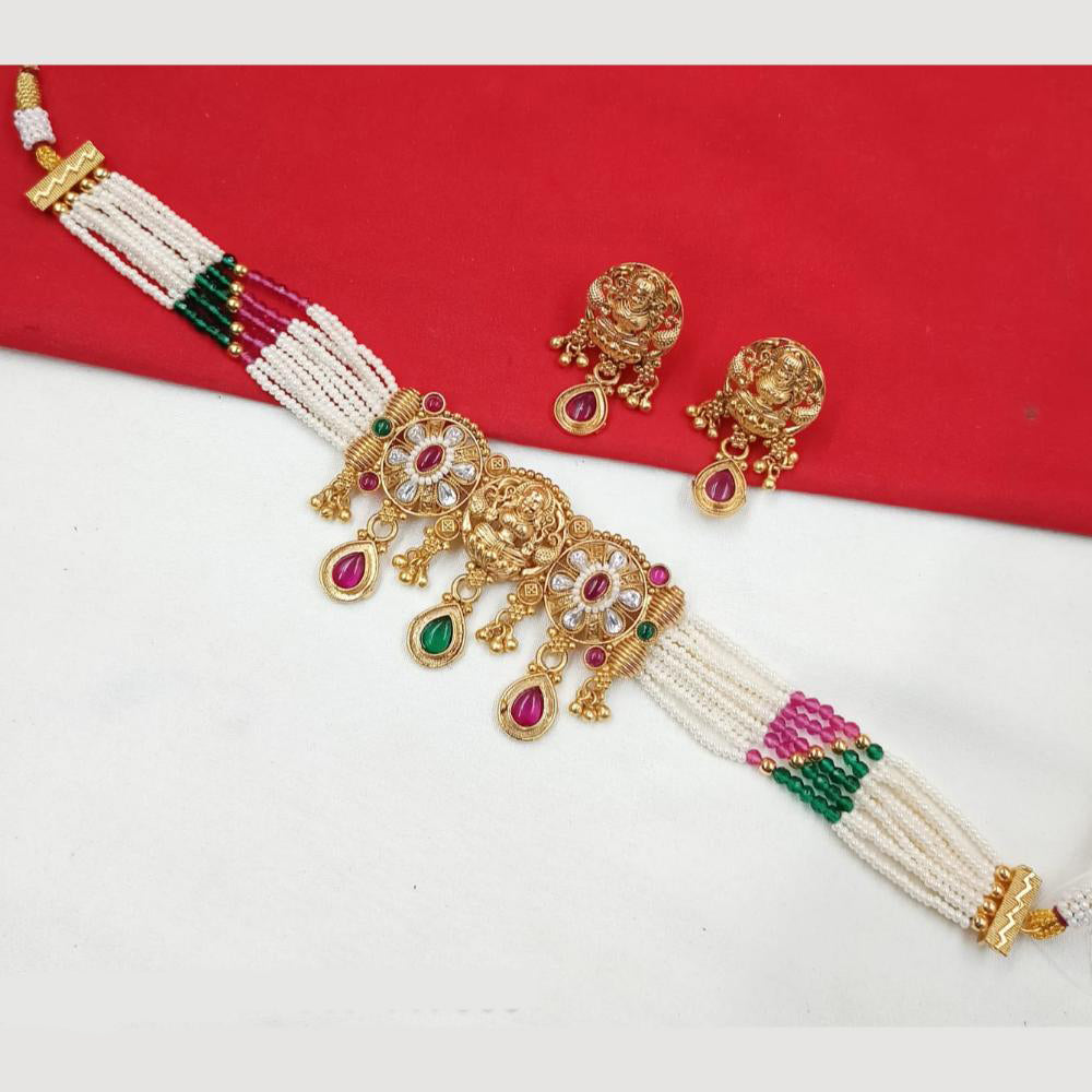 NAFJ Gold Plated Pota And Pearl Temple Choker Necklace Set