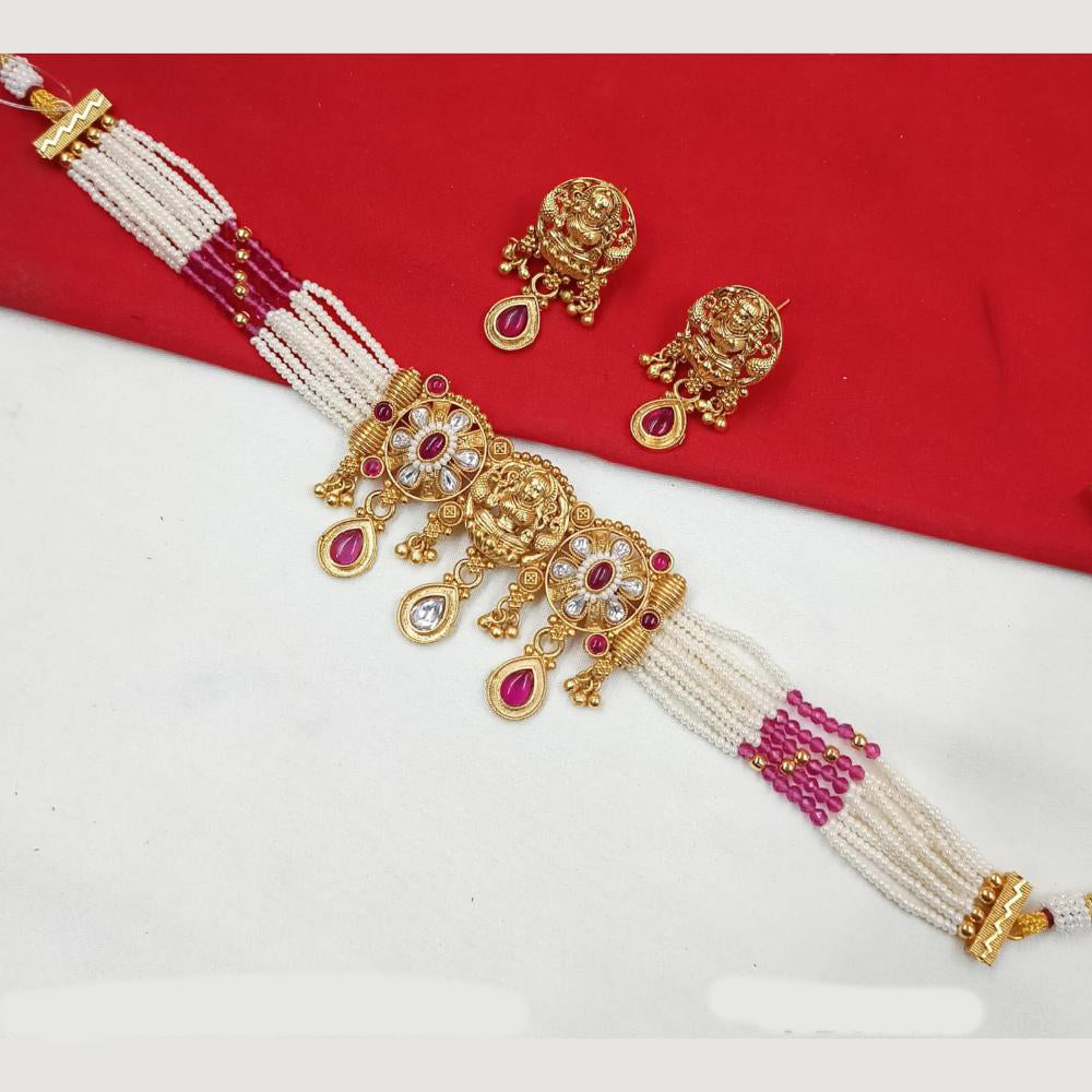NAFJ Gold Plated Pota And Pearl Temple Choker Necklace Set