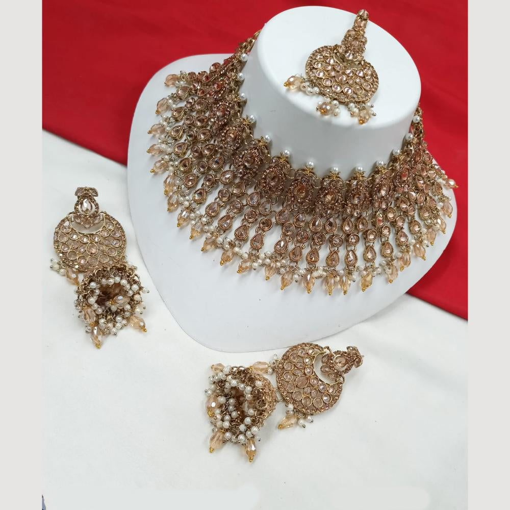 NAFJ Gold Plated Crystal Pearl And Beads Necklace Set