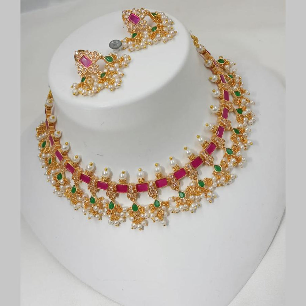 NAFJ Gold Plated Crystal And Pearl Choker Necklace Set