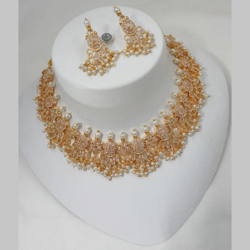 NAFJ Gold Plated Crystal And Pearl Choker Necklace Set