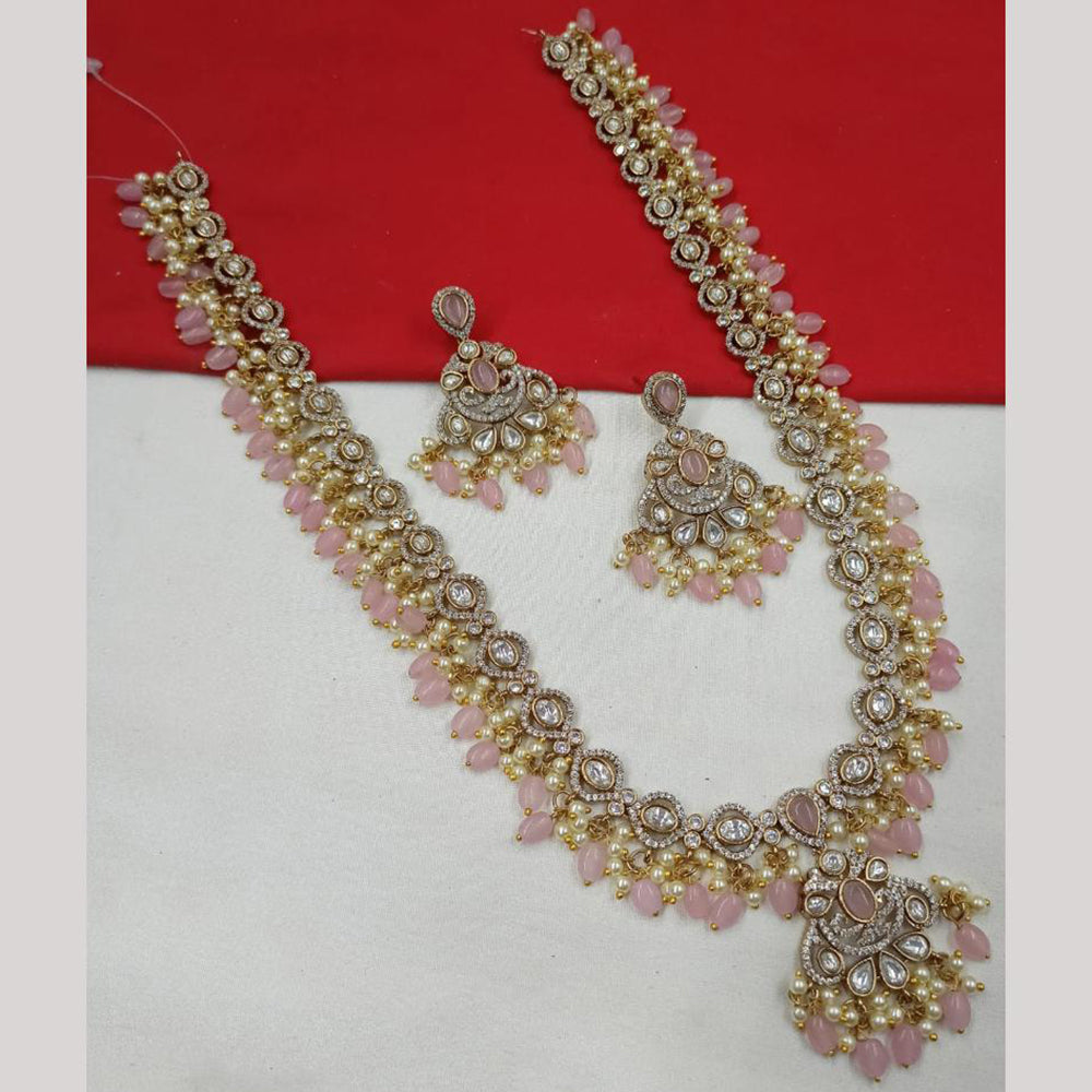NAFJ Gold Plated Polki Kundan And Peal Beads Long Necklace Set