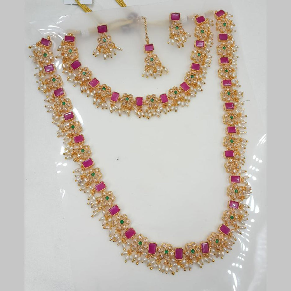NAFJ Gold Plated Crystal And Pearl Double Necklace Set