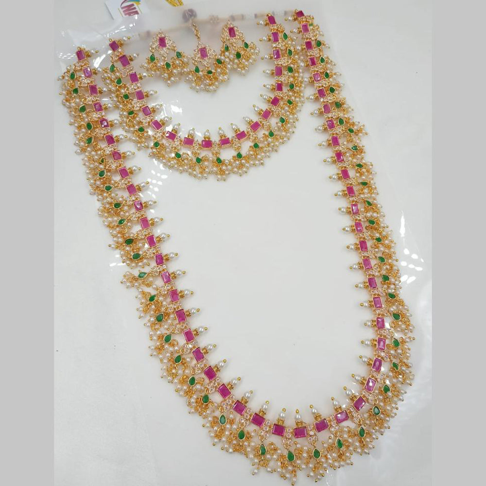 NAFJ Gold Plated Crystal And Pearl Double Necklace Set