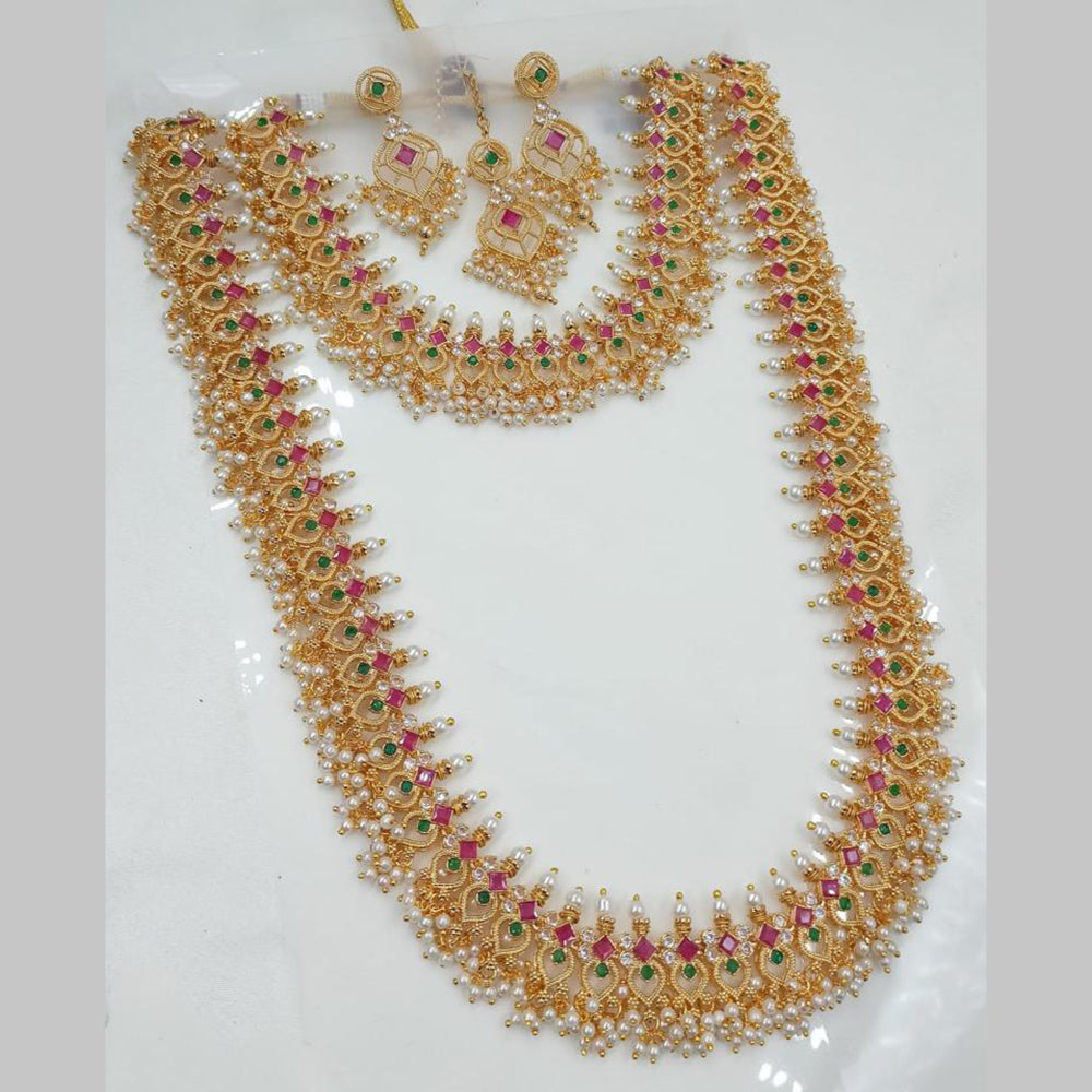 NAFJ Gold Plated Kundan Stone  And Pearl Double Necklace Set