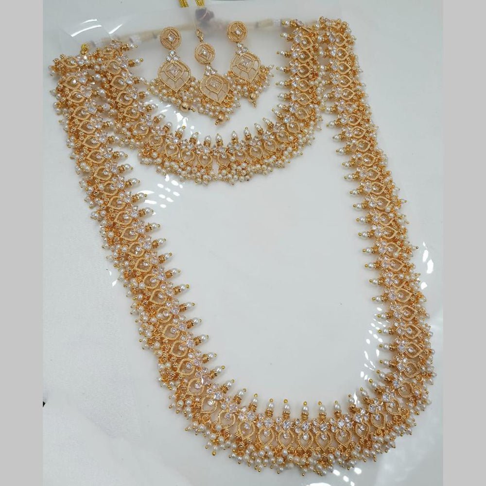 NAFJ Gold Plated Kundan Stone And Pearl Double Necklace Set