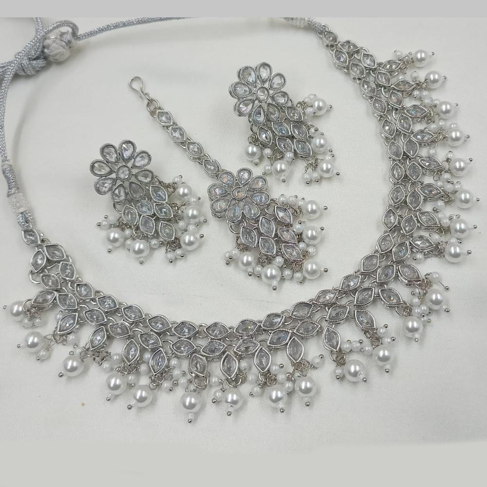 NAFJ Silver Plated Crystal Pearl And Beads Necklace Set