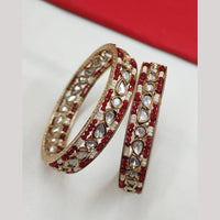 NAFJ Gold Plated Polki Kundan Stone And Pearl Bangles Set