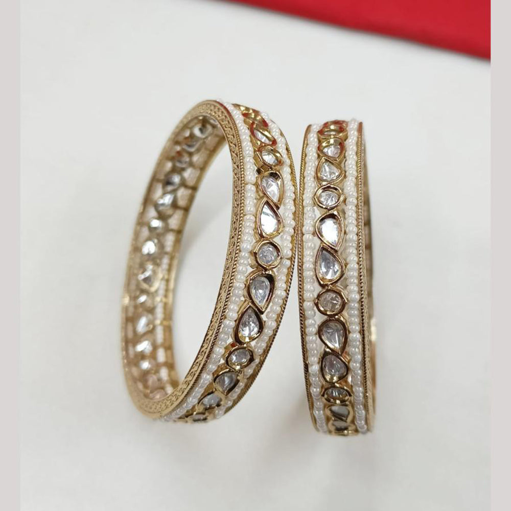 NAFJ Gold Plated Polki Kundan Stone And Pearl Bangles Set