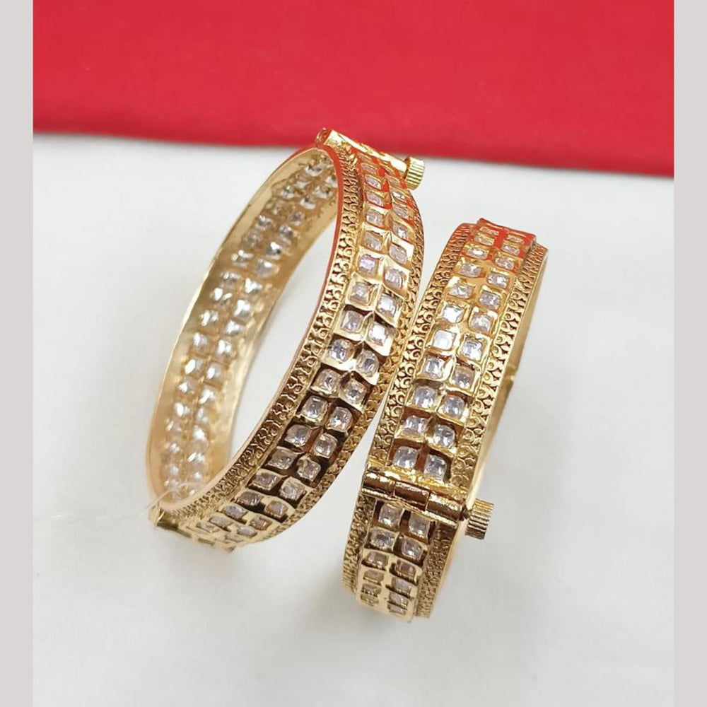 NAFJ Gold Plated Polki Kundan Stone Openable Bangles Set