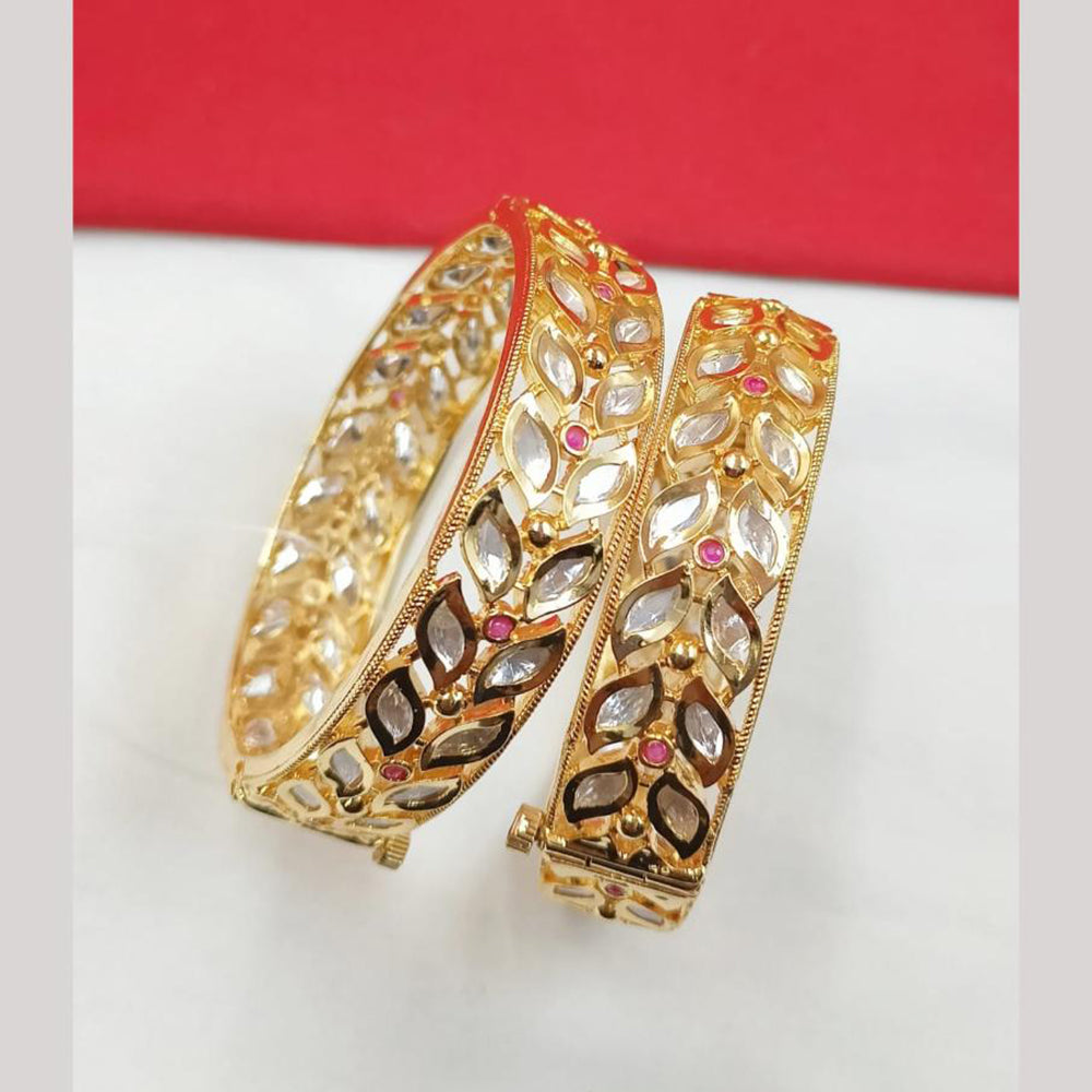 NAFJ Gold Plated Polki Kundan Stone Openable Bangles Set