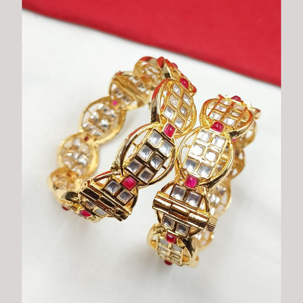 NAFJ Gold Plated Polki Kundan Stone Openable Bangles Set
