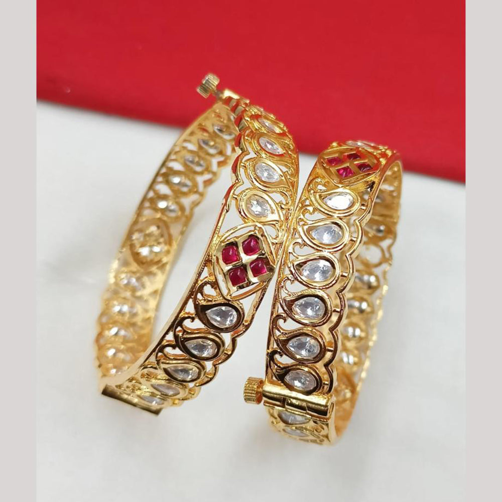 NAFJ Gold Plated Polki Kundan Stone Openable Bangles Set